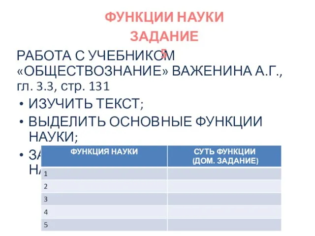 ФУНКЦИИ НАУКИ РАБОТА С УЧЕБНИКОМ «ОБЩЕСТВОЗНАНИЕ» ВАЖЕНИНА А.Г.,гл. 3.3, стр. 131 ИЗУЧИТЬ