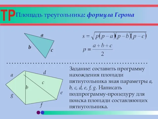 Площадь треугольника: формула Герона a b c Задание: составить программу нахождения площади