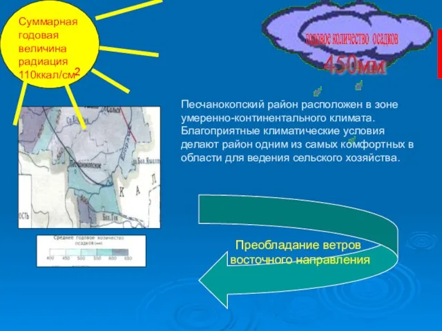 Песчанокопский район расположен в зоне умеренно-континентального климата. Благоприятные климатические условия делают район