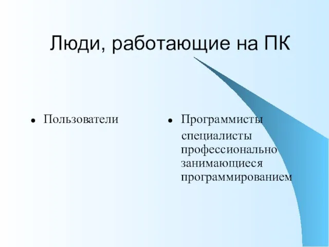 Люди, работающие на ПК Пользователи Программисты специалисты профессионально занимающиеся программированием