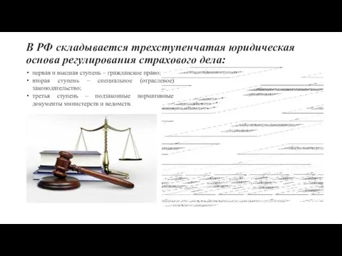 В РФ складывается трехступенчатая юридическая основа регулирования страхового дела: первая и высшая