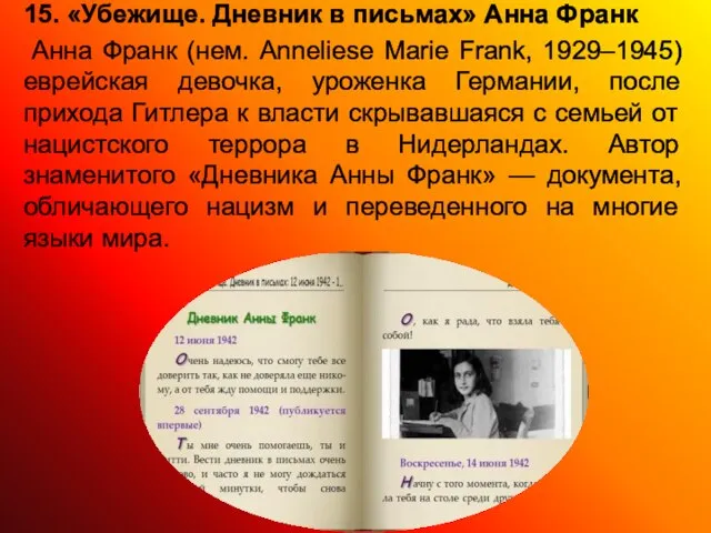 15. «Убежище. Дневник в письмах» Анна Франк Анна Франк (нем. Anneliese Marie