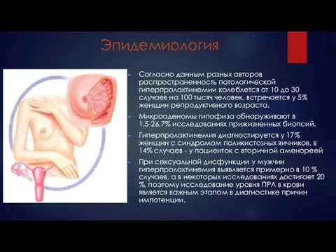 Эпидемиология Согласно данным разных авторов распространенность патологической гиперпролактинемии колеблется от 10 до