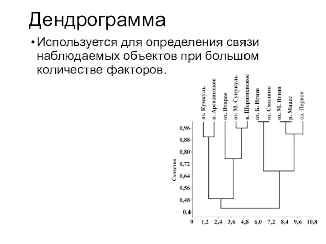 Дендрограмма Используется для определения связи наблюдаемых объектов при большом количестве факторов.
