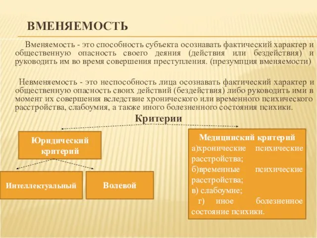 ВМЕНЯЕМОСТЬ Вменяемость - это способность субъекта осознавать фактический характер и общественную опасность