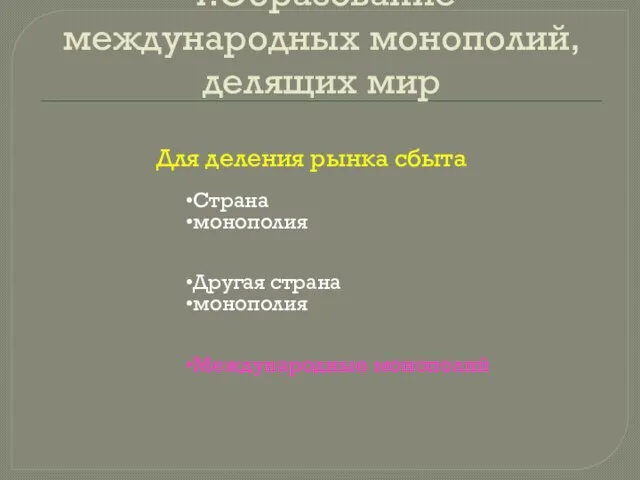 4.Образование международных монополий, делящих мир Страна монополия Другая страна монополия Международные монополий Для деления рынка сбыта