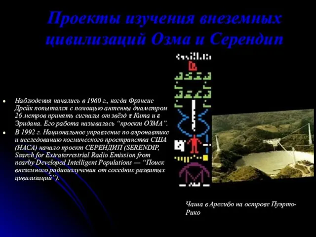 Проекты изучения внеземных цивилизаций Озма и Серендип Наблюдения начались в 1960 г.,