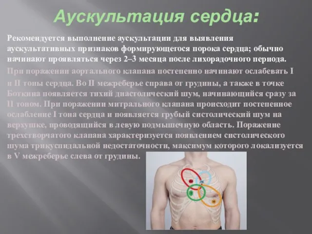 Аускультация сердца: Рекомендуется выполнение аускультации для выявления аускультативных признаков формирующегося порока сердца;