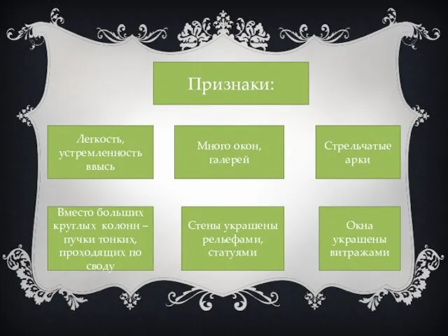 Признаки: Легкость, устремленность ввысь Много окон, галерей Стрельчатые арки Вместо больших круглых