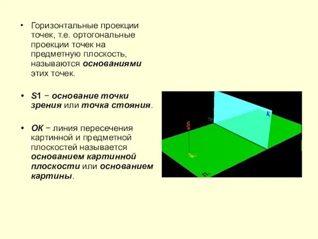 Горизонтальные проекции точек, т.е. ортогональные проекции точек на предметную плоскость, называются основаниями