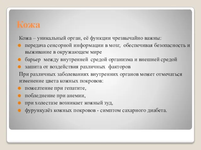 Кожа Кожа – уникальный орган, её функции чрезвычайно важны: передача сенсорной информации