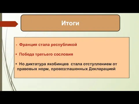 Итоги Франция стала республикой Победа третьего сословия Но диктатура якобинцев стала отступлением