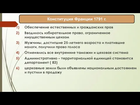 Конституция Франции 1791 г. Обеспечение естественных и гражданских прав Вводилось избирательное право,