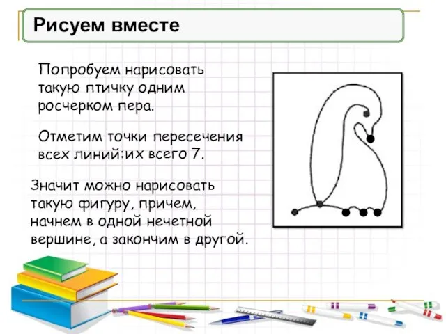 Рисуем вместе Попробуем нарисовать такую птичку одним росчерком пера. Отметим точки пересечения