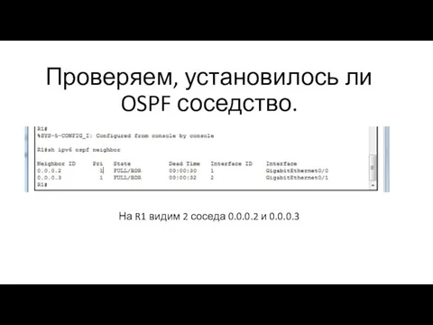 Проверяем, установилось ли OSPF соседство. На R1 видим 2 соседа 0.0.0.2 и 0.0.0.3