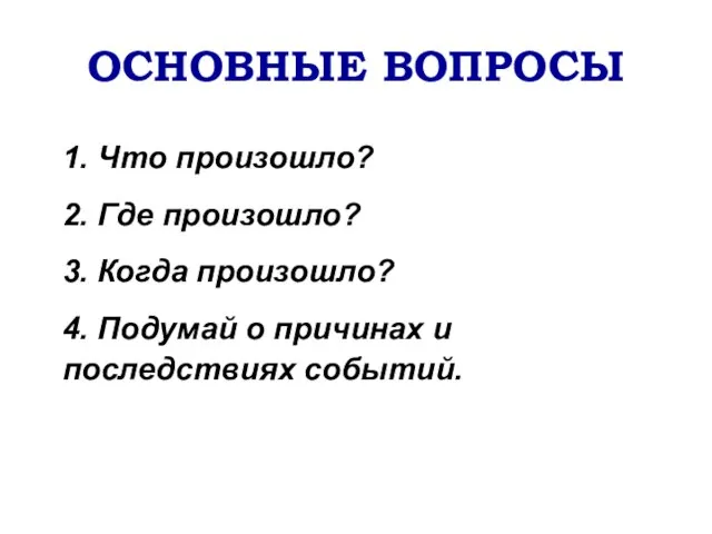 ОСНОВНЫЕ ВОПРОСЫ 1. Что произошло? 2. Где произошло? 3. Когда произошло? 4.