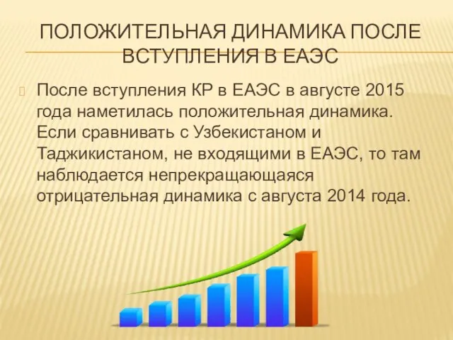 ПОЛОЖИТЕЛЬНАЯ ДИНАМИКА ПОСЛЕ ВСТУПЛЕНИЯ В ЕАЭС После вступления КР в ЕАЭС в