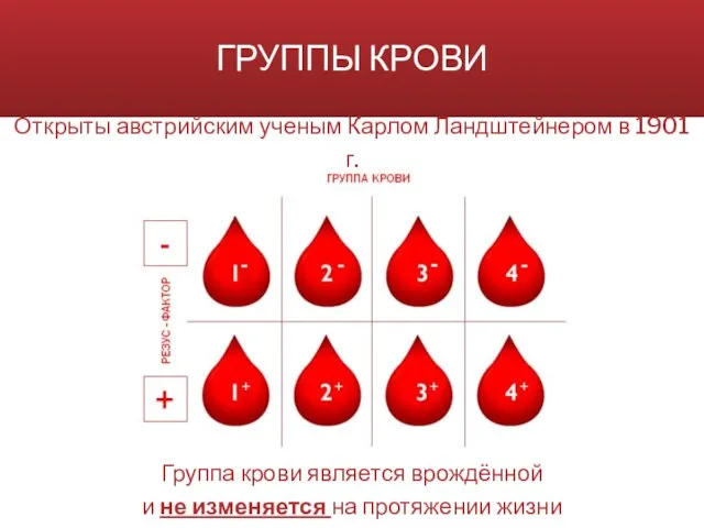 ГРУППЫ КРОВИ Группа крови является врождённой и не изменяется на протяжении жизни