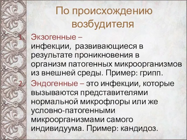 По происхождению возбудителя Экзогенные – инфекции, развивающиеся в результате проникновения в организм