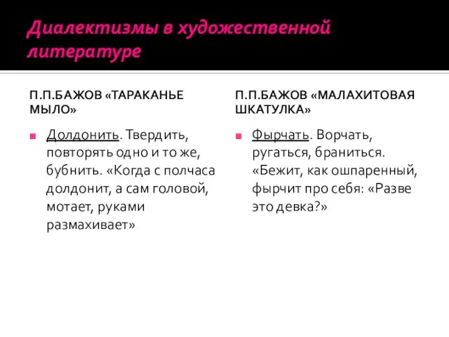 Диалектизмы в художественной литературе П.П.БАЖОВ «ТАРАКАНЬЕ МЫЛО» Долдонить. Твердить, повторять одно и