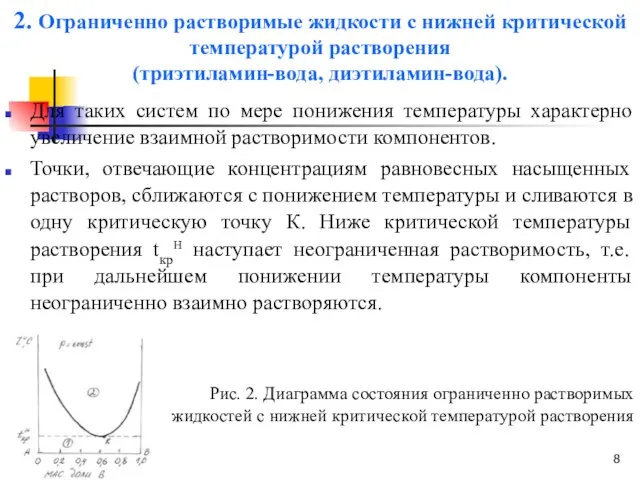 2. Ограниченно растворимые жидкости с нижней критической температурой растворения (триэтиламин-вода, диэтиламин-вода). Для