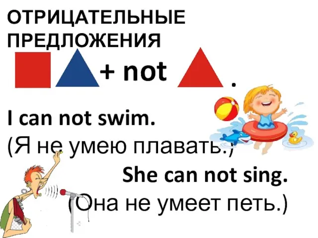 ОТРИЦАТЕЛЬНЫЕ ПРЕДЛОЖЕНИЯ I can not swim. (Я не умею плавать.) She can