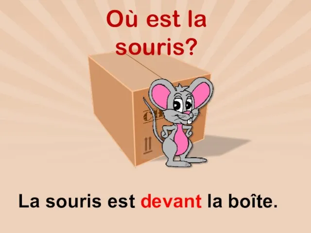 Où est la souris? La souris est devant la boîte.