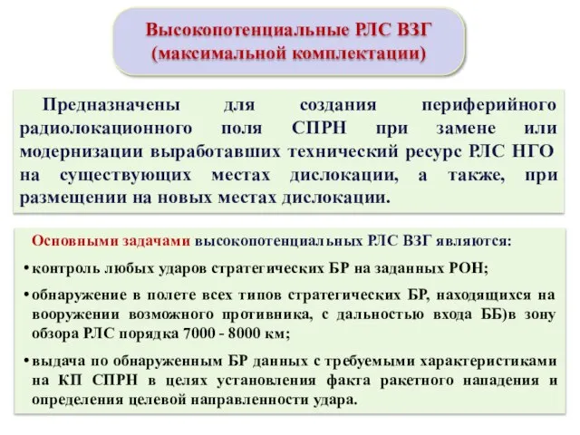 Высокопотенциальные РЛС ВЗГ (максимальной комплектации) Предназначены для создания периферийного радиолокационного поля СПРН