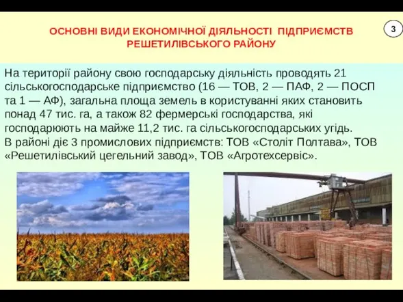 ОСНОВНІ ВИДИ ЕКОНОМІЧНОЇ ДІЯЛЬНОСТІ ПІДПРИЄМСТВ РЕШЕТИЛІВСЬКОГО РАЙОНУ 3 На території району свою