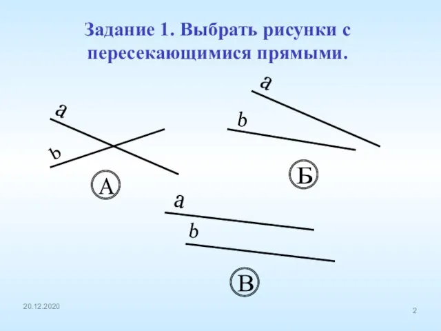 Задание 1. Выбрать рисунки с пересекающимися прямыми. a b А a b