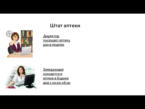 Штат аптеки Директор посещает аптеку раз в неделю Заведующая находится в аптеке