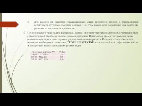 Для расчета на действие свежевыпавшего снега требуются данные о распределении вероятности суточных