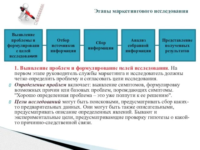 1. Выявление проблем и формулирование целей исследования. На первом этапе руководитель службы