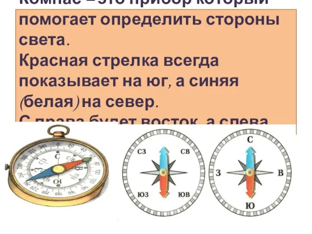 Компас – это прибор который помогает определить стороны света. Красная стрелка всегда