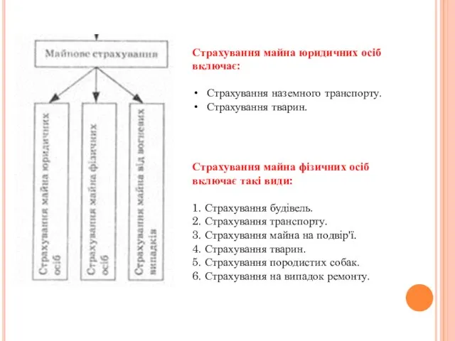 Страхування майна юридичних осіб включає: Страхування наземного транспорту. Страхування тварин. Страхування майна