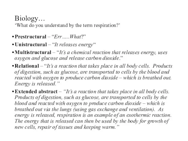 Biology… ‘What do you understand by the term respiration?’ Prestructural – “Err…..What?”