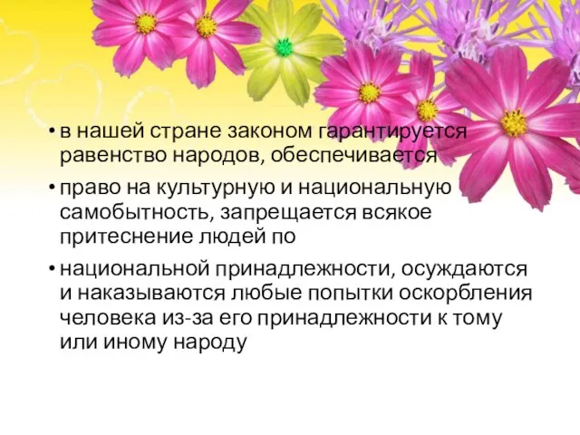 в нашей стране законом гарантируется равенство народов, обеспечивается право на культурную и