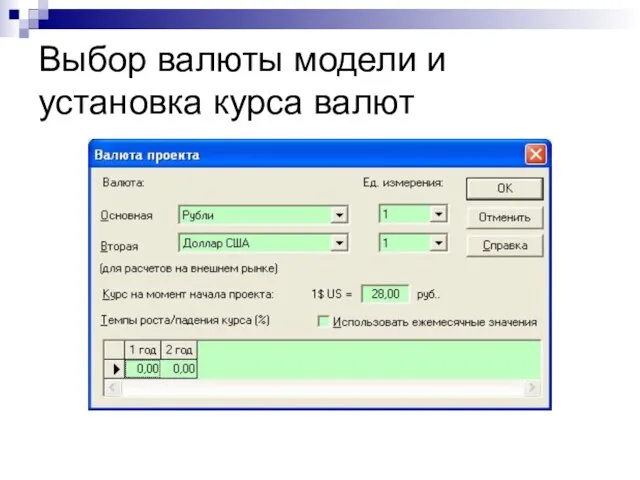 Выбор валюты модели и установка курса валют © Митрофанов В.Р. (Институт управления, бизнеса и права)