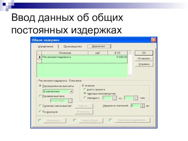 Ввод данных об общих постоянных издержках © Митрофанов В.Р. (Институт управления, бизнеса и права)