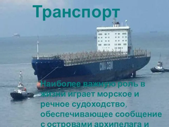 Транспорт Наиболее важную роль в жизни играет морское и речное судоходство, обеспечивающее