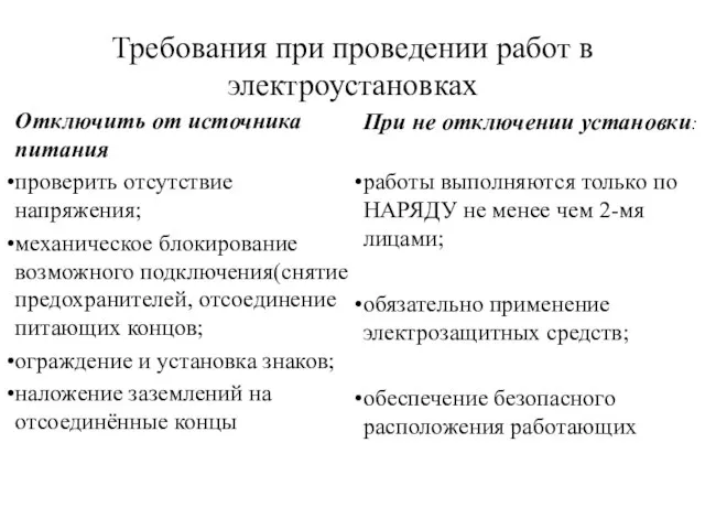 Требования при проведении работ в электроустановках Отключить от источника питания проверить отсутствие