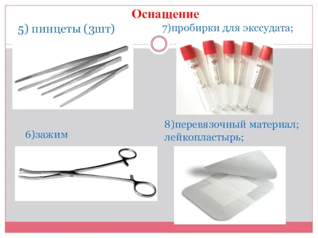 Оснащение 5) пинцеты (3шт) 6)зажим 7)пробирки для экссудата; 8)перевязочный материал; лейкопластырь;