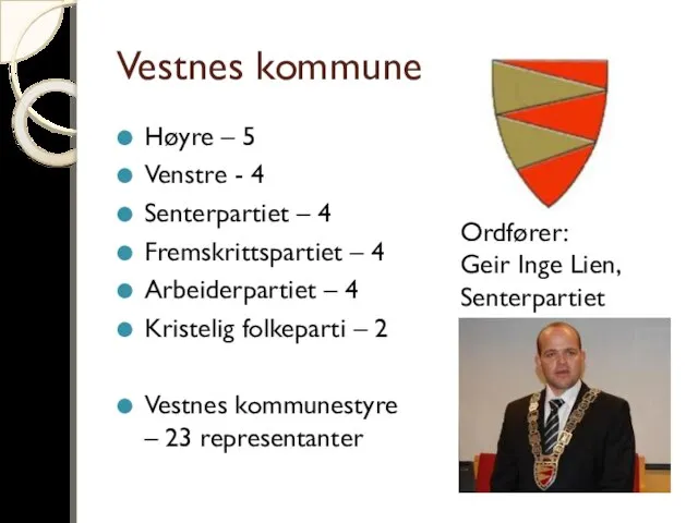 Vestnes kommune Høyre – 5 Venstre - 4 Senterpartiet – 4 Fremskrittspartiet