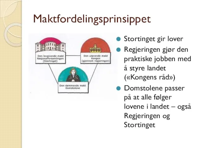 Maktfordelingsprinsippet Stortinget gir lover Regjeringen gjør den praktiske jobben med å styre