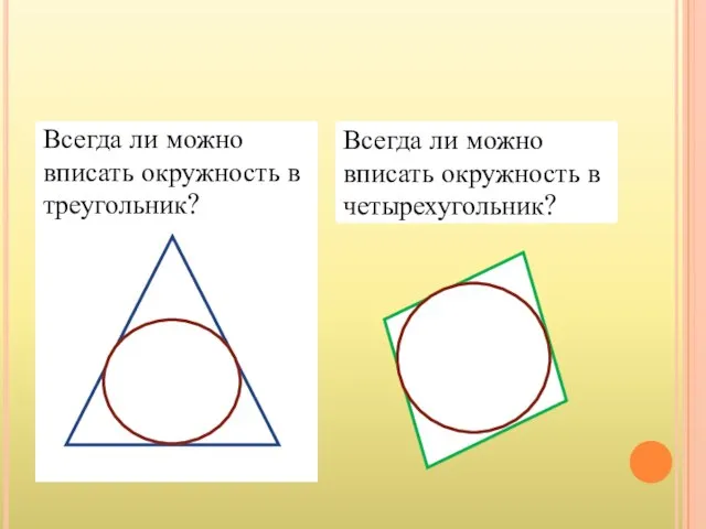 Всегда ли можно вписать окружность в треугольник? Всегда ли можно вписать окружность в четырехугольник?