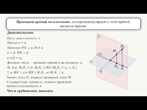 Проекцией прямой на плоскость, не перпендикулярную к этой прямой, является прямая. Доказательство. Что и требовалось доказать.