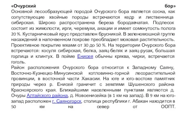 «Очурский бор» Основной лесообразующей породой Очурского бора является сосна, как сопутствующие хвойные