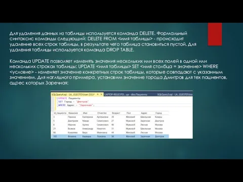 Для удаления данных из таблицы используется команда DELETE. Формальный синтаксис команды следующий: