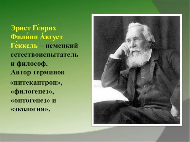 Эрнст Ге́нрих Фили́пп А́вгуст Ге́ккель – немецкий естествоиспытатель и философ. Автор терминов