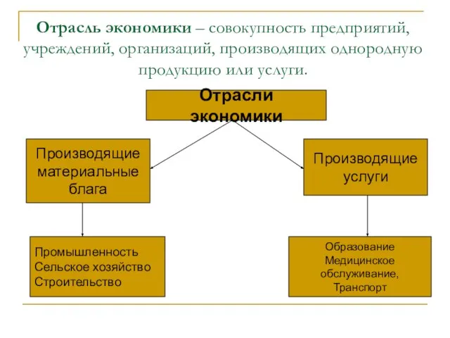 Отрасль экономики – совокупность предприятий, учреждений, организаций, производящих однородную продукцию или услуги.